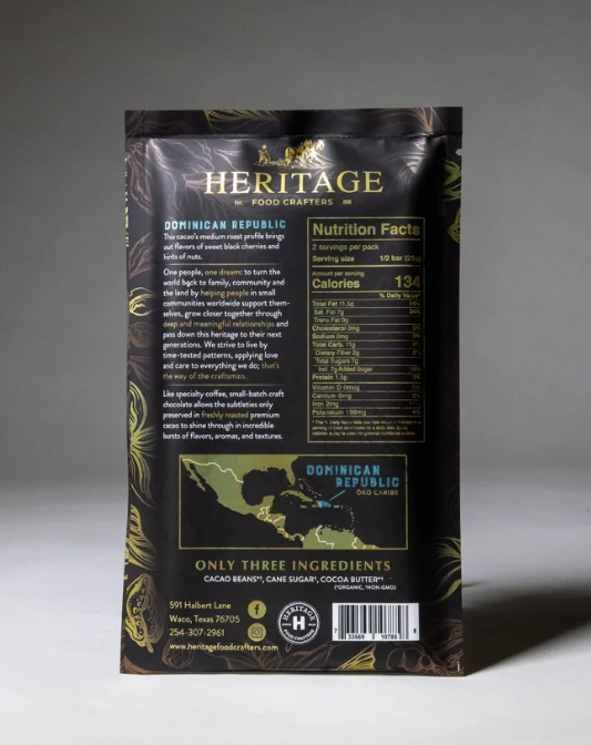 Heritage Food Crafters:  Dominican Republic Dark Chocolate Bar 50g
