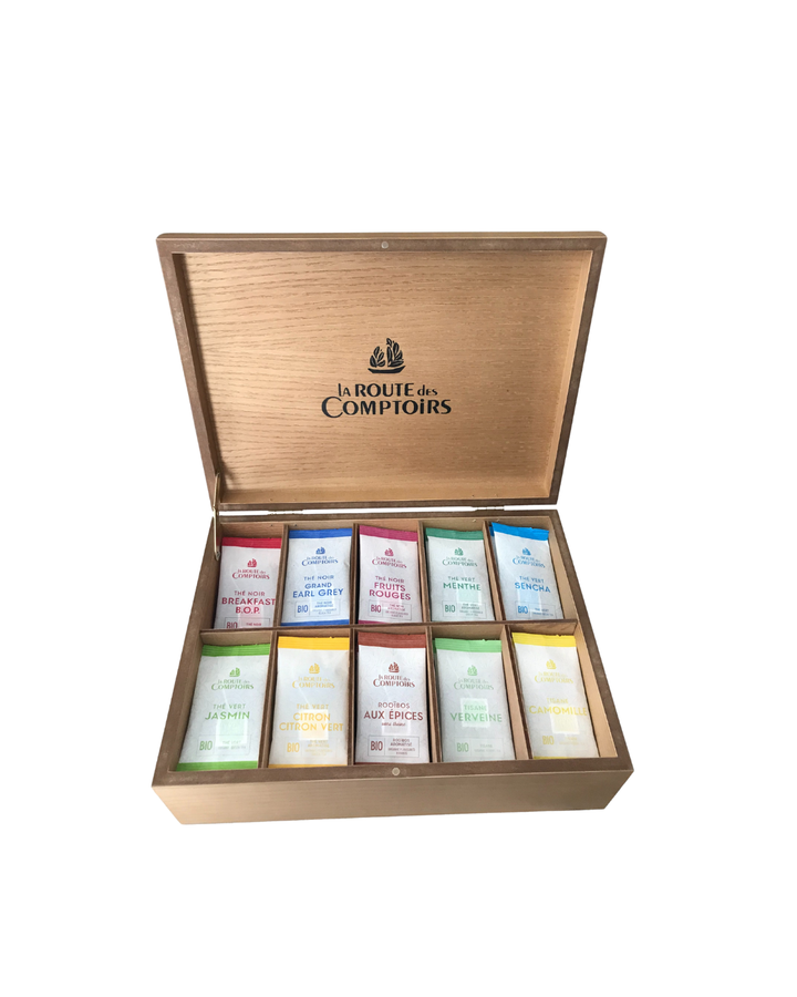 La Route des Comptoirs Wooden box holding 100 tea bags
