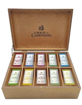 La Route des Comptoirs Wooden box holding 100 tea bags